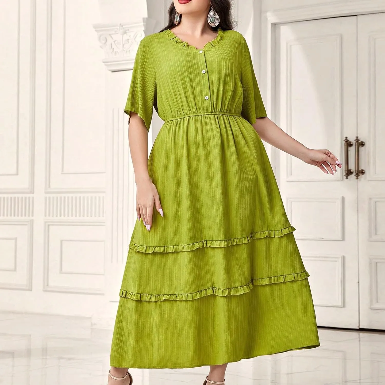 Women's Plus Size Short Sleeve Dress Round Neck Ruffle Hem Flowy A-Line Dresses Casual Beach Button Down Midi Dress