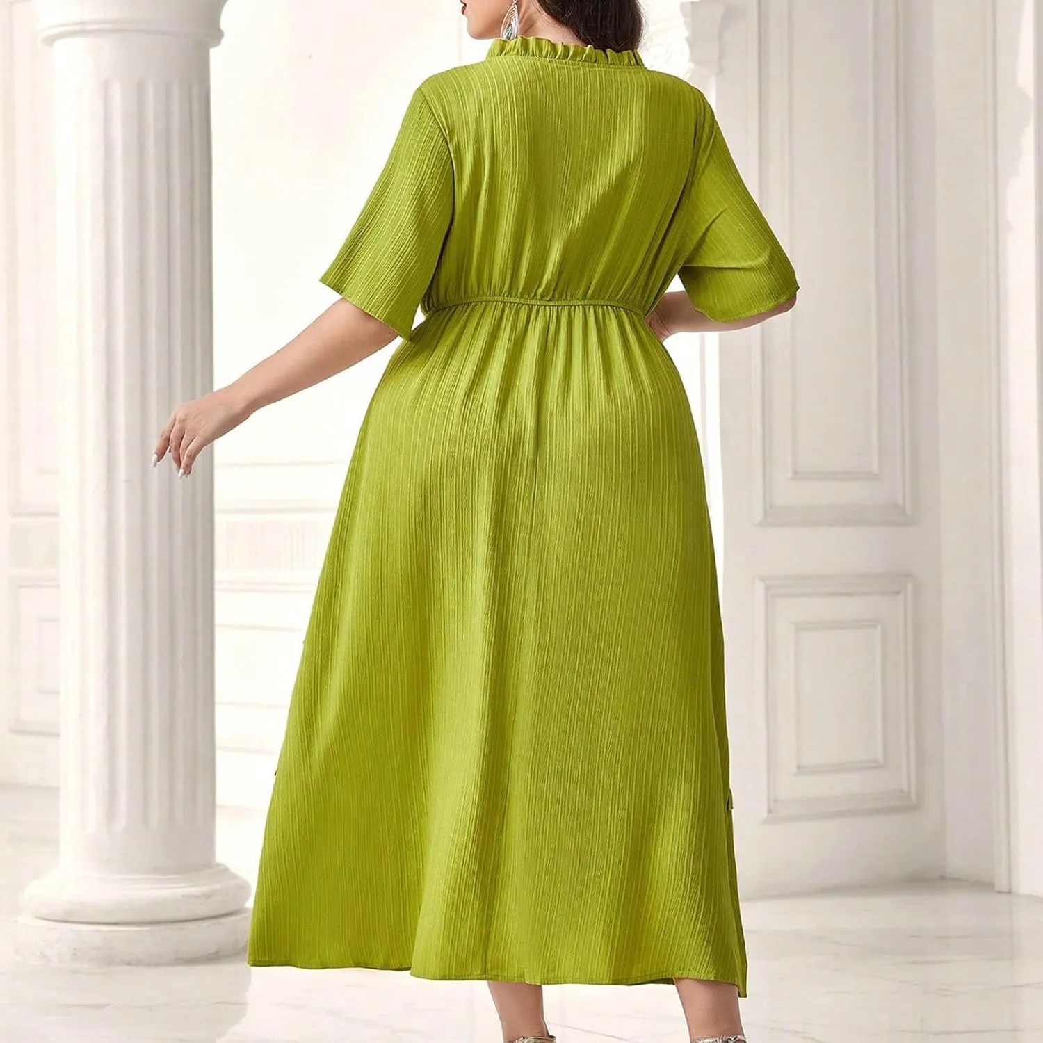 Women's Plus Size Short Sleeve Dress Round Neck Ruffle Hem Flowy A-Line Dresses Casual Beach Button Down Midi Dress