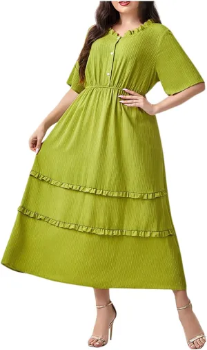 Women's Plus Size Short Sleeve Dress Round Neck Ruffle Hem Flowy A-Line Dresses Casual Beach Button Down Midi Dress