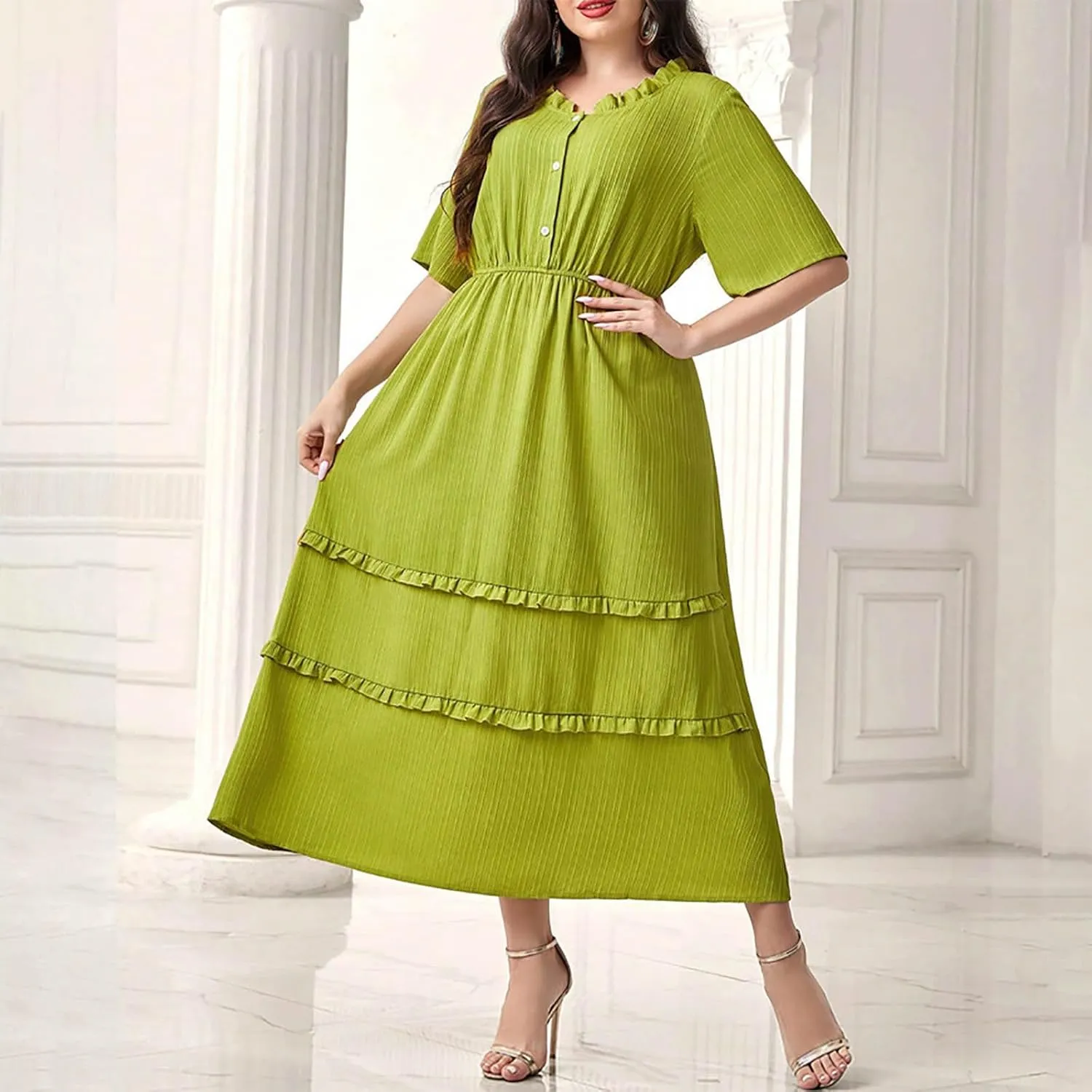 Women's Plus Size Short Sleeve Dress Round Neck Ruffle Hem Flowy A-Line Dresses Casual Beach Button Down Midi Dress
