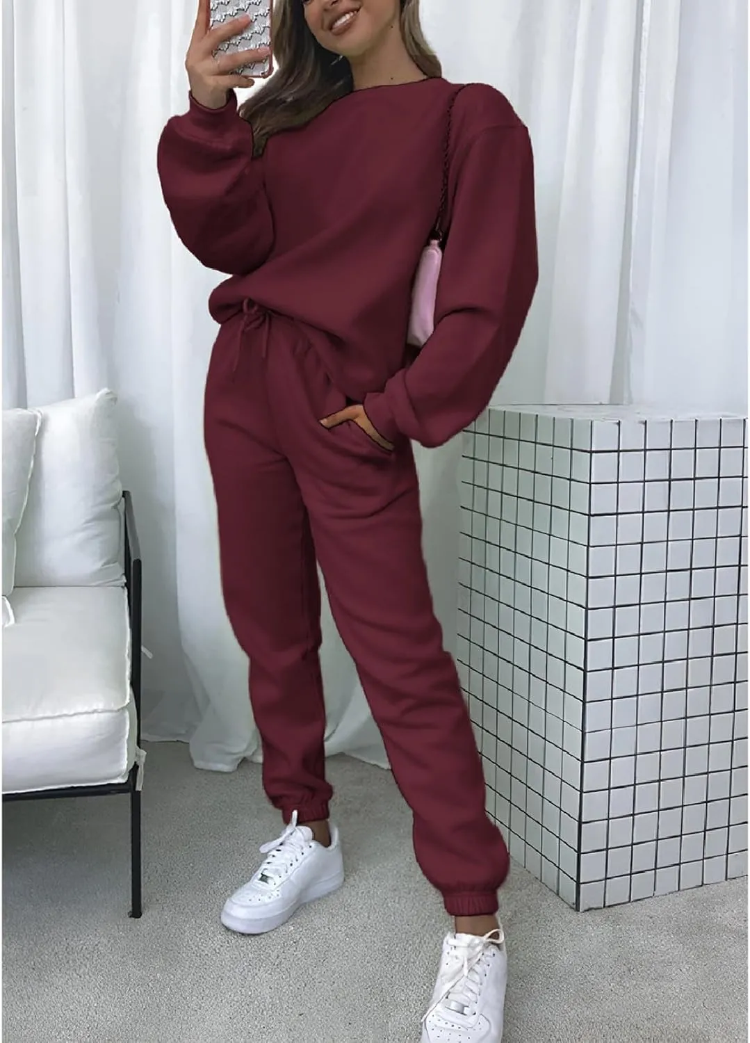 Women's Pullover Tracksuit Fleece Sweatshirt Jogging Pants 2 Pieces Sweatsuits