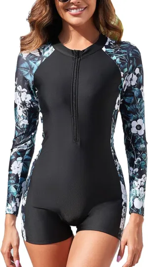 Womens Rash Guard Long Sleeve One Piece Swimsuits Zipper Front with Boy Shorts Swim Shirt Uv Protection UPF 50