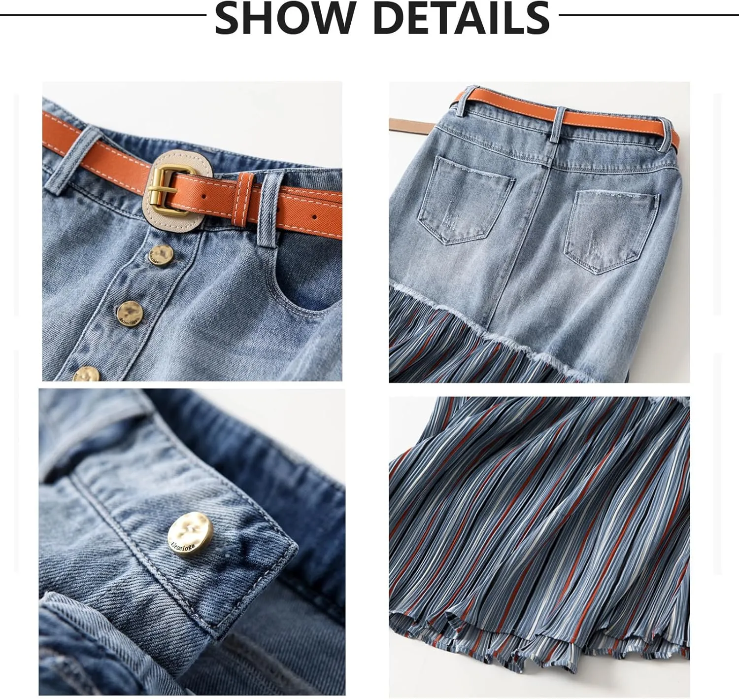Women's raw Edge denim skirt, irregular splicing pleated high waist Denim skirt, slim A-line casual denim skirt