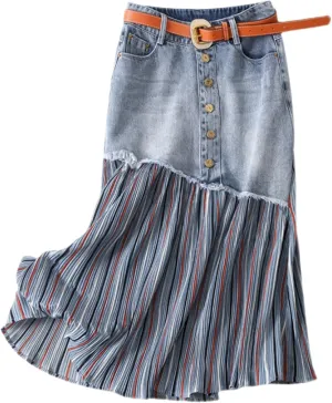 Women's raw Edge denim skirt, irregular splicing pleated high waist Denim skirt, slim A-line casual denim skirt