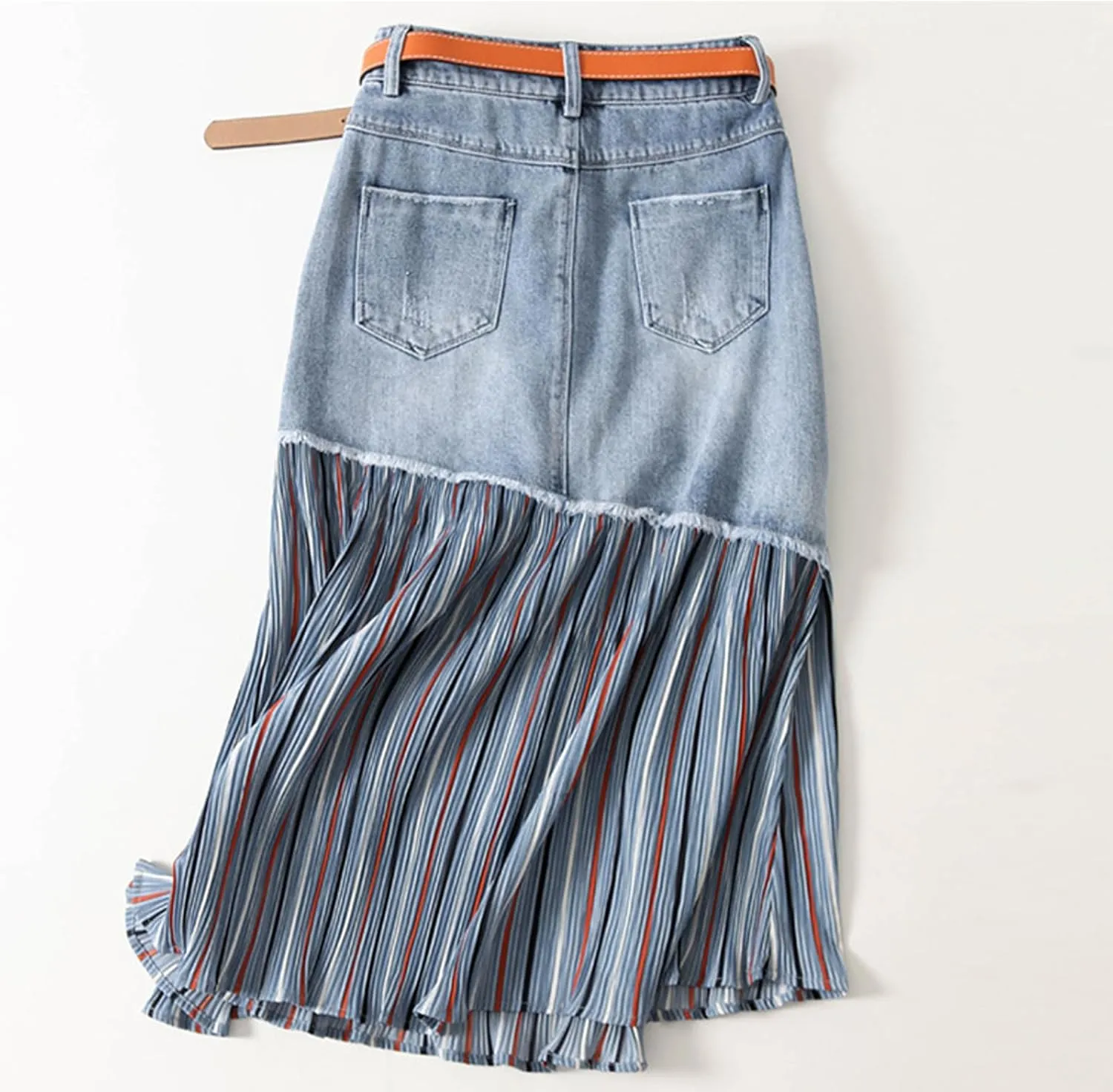 Women's raw Edge denim skirt, irregular splicing pleated high waist Denim skirt, slim A-line casual denim skirt