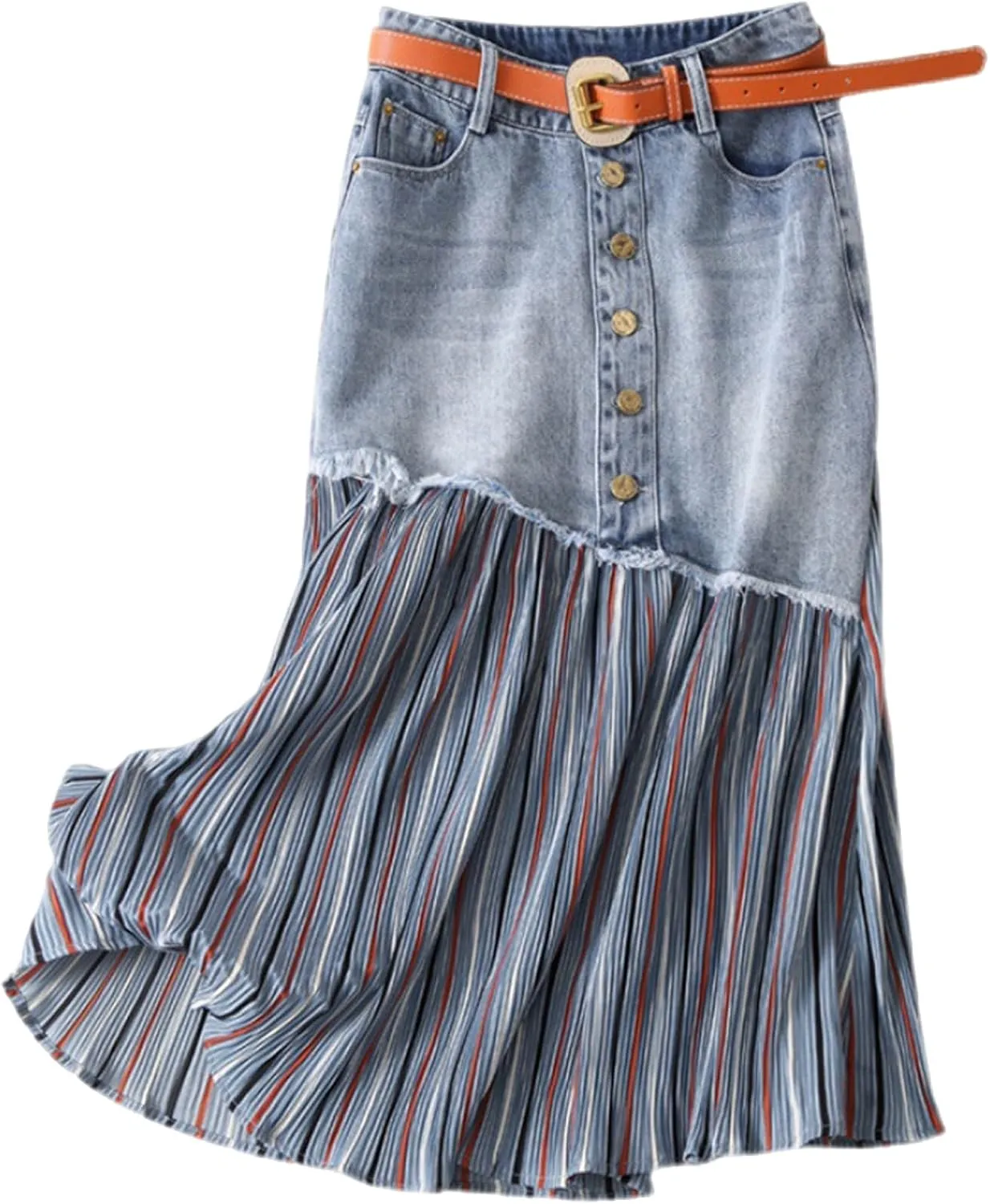 Women's raw Edge denim skirt, irregular splicing pleated high waist Denim skirt, slim A-line casual denim skirt