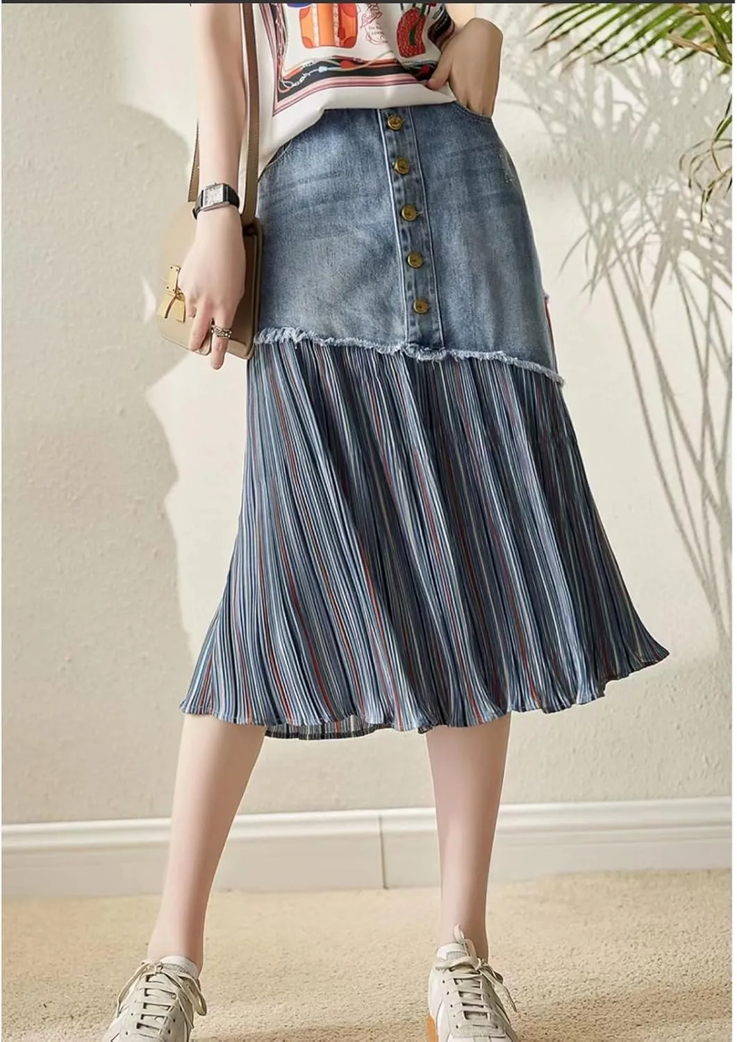 Women's raw Edge denim skirt, irregular splicing pleated high waist Denim skirt, slim A-line casual denim skirt