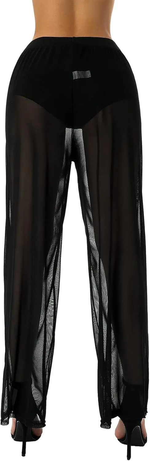 Womens See Through Sheer Mesh Chiffon Beach Pants Wide Leg High Waist Flared Bikini Bottom Cover-Ups