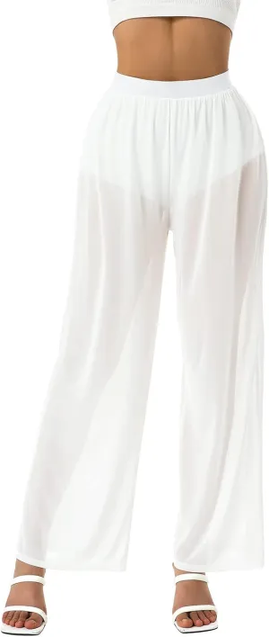 Womens See Through Sheer Mesh Chiffon Beach Pants Wide Leg High Waist Flared Bikini Bottom Cover-Ups