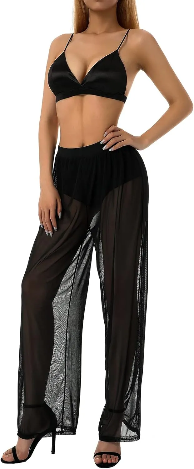 Womens See Through Sheer Mesh Chiffon Beach Pants Wide Leg High Waist Flared Bikini Bottom Cover-Ups