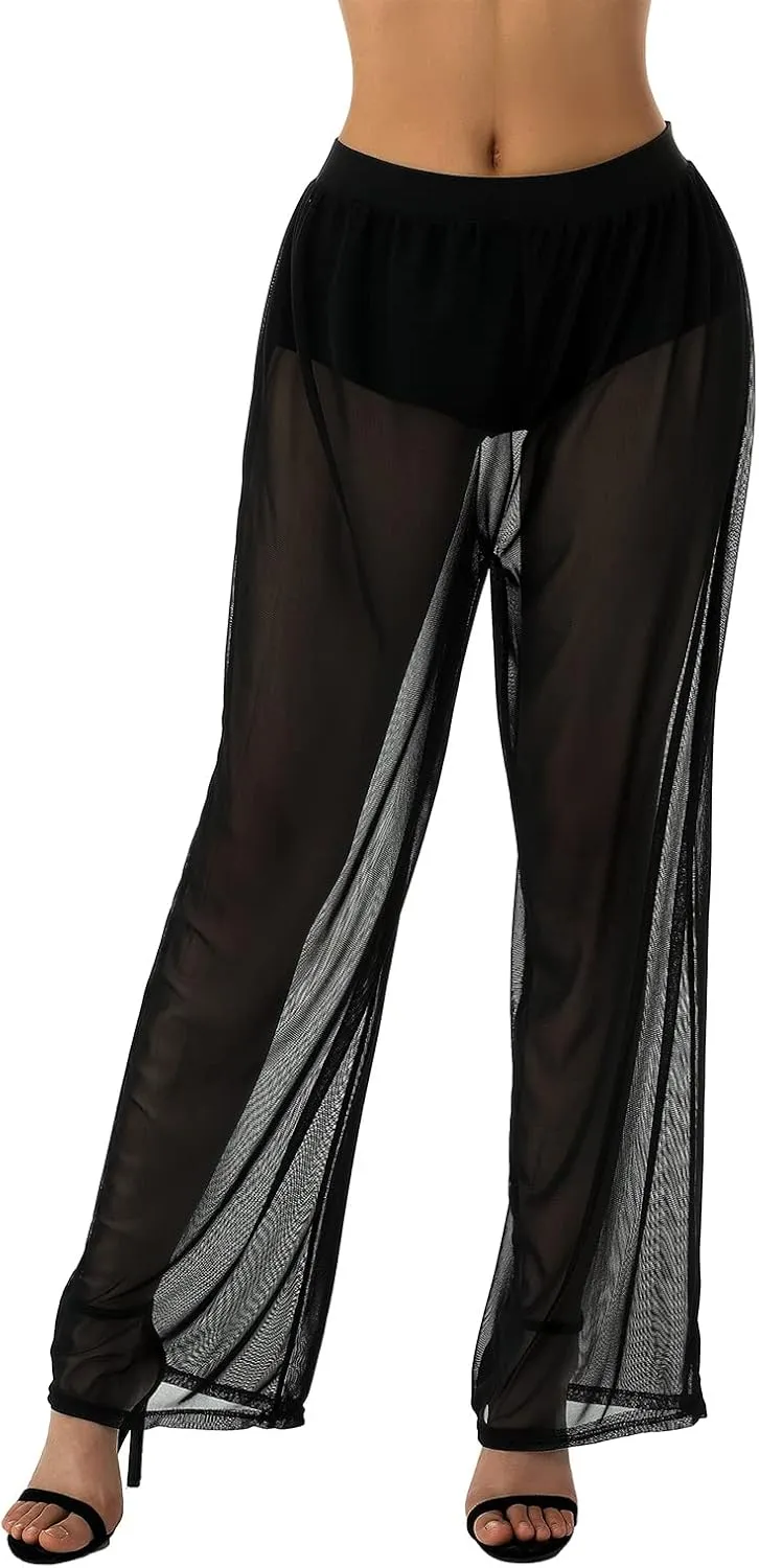 Womens See Through Sheer Mesh Chiffon Beach Pants Wide Leg High Waist Flared Bikini Bottom Cover-Ups