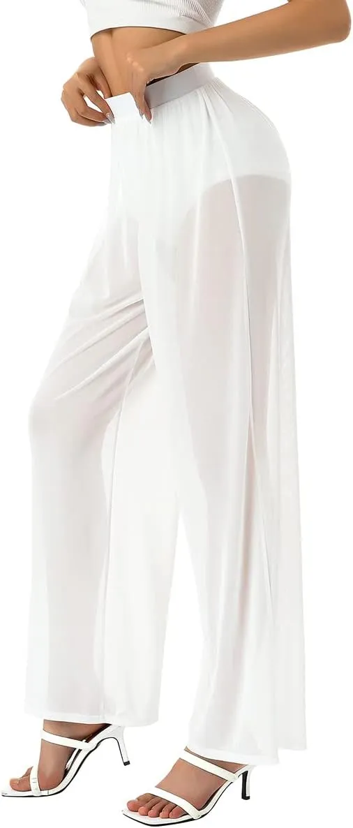Womens See Through Sheer Mesh Chiffon Beach Pants Wide Leg High Waist Flared Bikini Bottom Cover-Ups