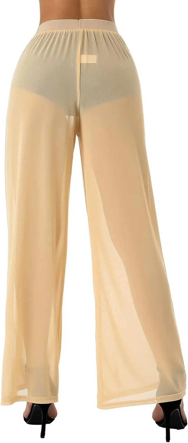 Womens See Through Sheer Mesh Chiffon Beach Pants Wide Leg High Waist Flared Bikini Bottom Cover-Ups