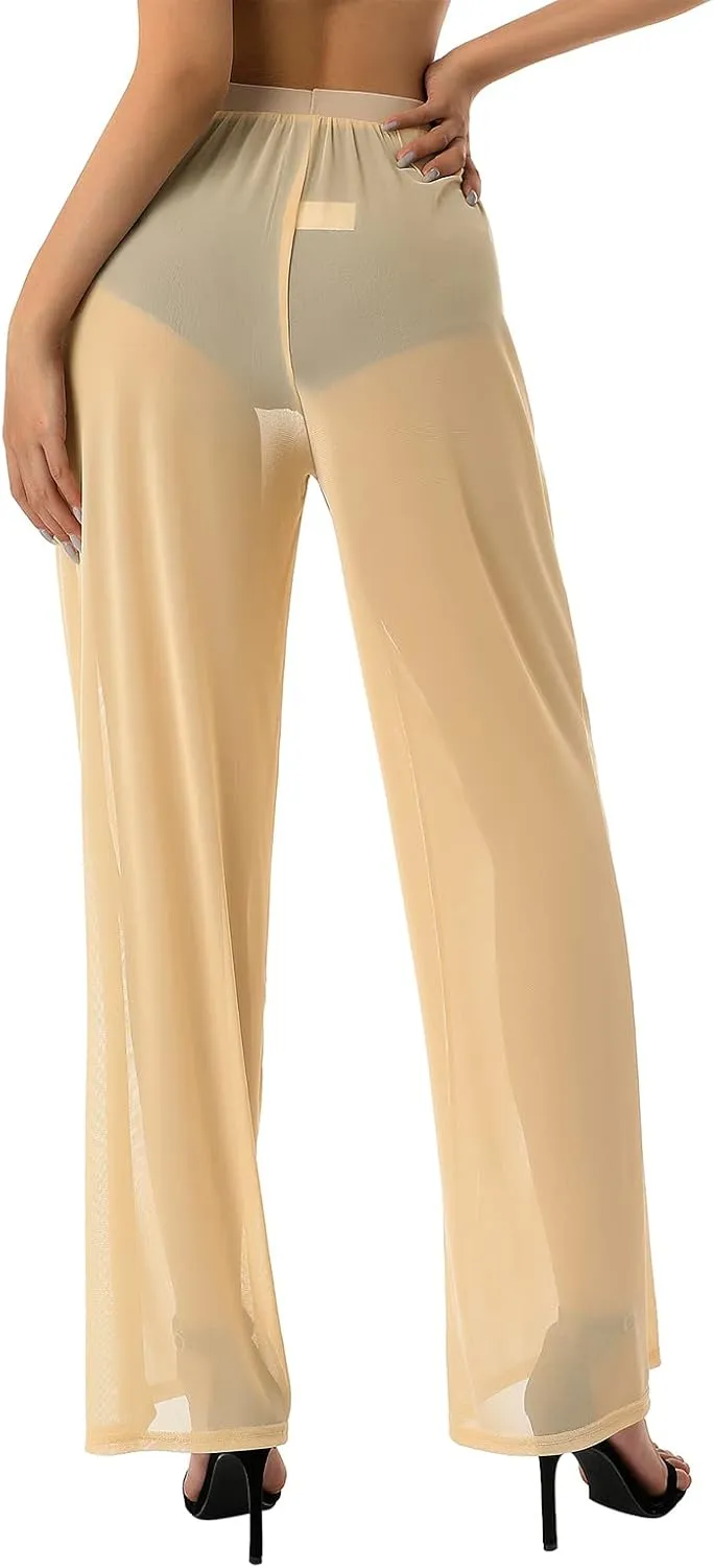 Womens See Through Sheer Mesh Chiffon Beach Pants Wide Leg High Waist Flared Bikini Bottom Cover-Ups