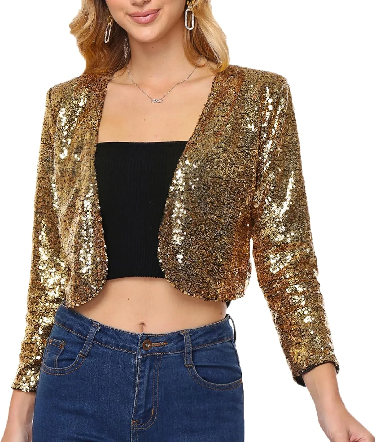 Women's Sequin Shrug Jacket Long Sleeve Open Front Glitter Blazer Bolero Wedding Party Sparkly Cropped Cardigan