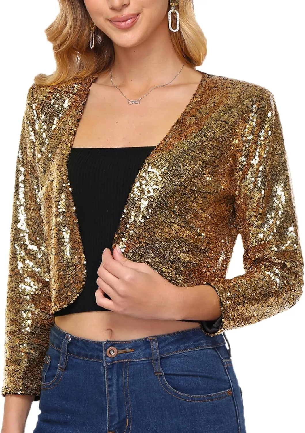 Women's Sequin Shrug Jacket Long Sleeve Open Front Glitter Blazer Bolero Wedding Party Sparkly Cropped Cardigan
