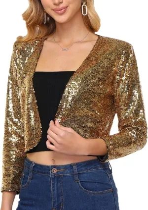 Women's Sequin Shrug Jacket Long Sleeve Open Front Glitter Blazer Bolero Wedding Party Sparkly Cropped Cardigan