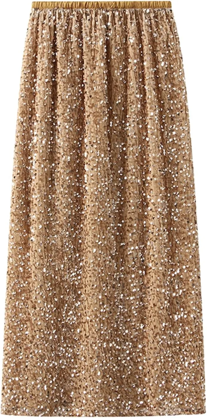 Women's Sequin Skirt, Sequined Hip-Hugging Skirt, Sparkle Party, Elastic Waist, Night Out Party Bodycon Midi Skirt