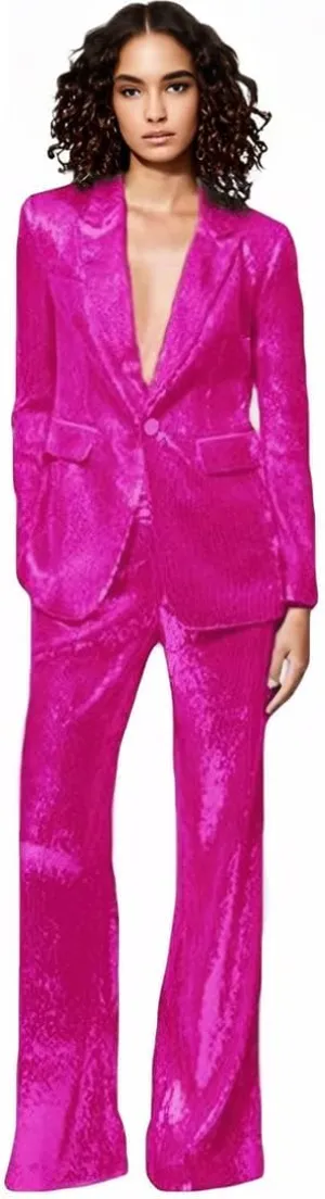 Women's Sequined Fashion Suit Set One Button 2 Piece Wedding Tuxedos Blazer Pants Prom Party Outfit