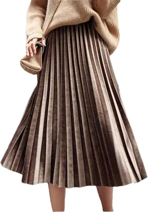 Women's Spring Summer Solid Color Skirt Elegant Mid-Length High Waist Midi Pleated Skirt