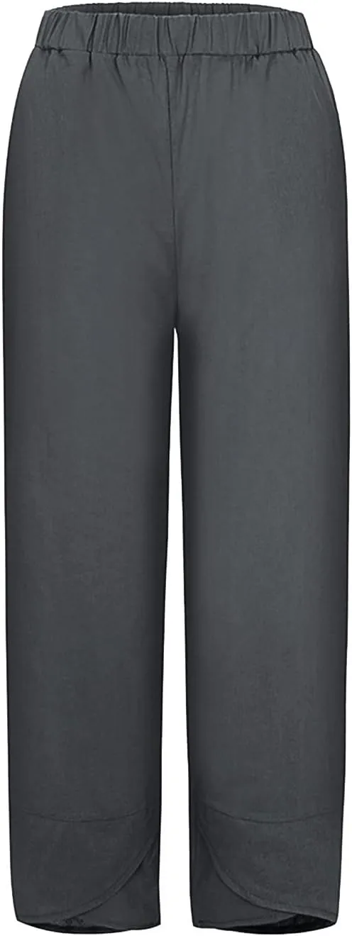 Women's Summer Cotton Linen Capri Pants Casual High Waist Cropped Trouser Tapered Leg Sweatpants Loose Workout Pants