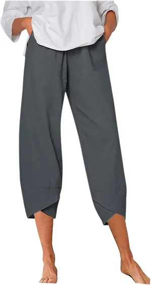 Women's Summer Cotton Linen Capri Pants Casual High Waist Cropped Trouser Tapered Leg Sweatpants Loose Workout Pants