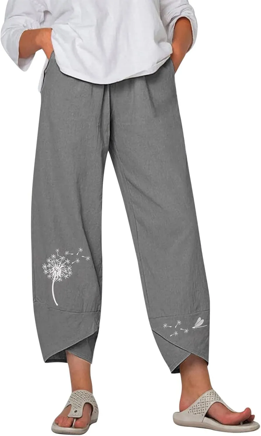 Womens Summer Wide Leg Linen Cropped Pant Dandelions Graphic Tulip Hem Trousers Lightweight Loose Fit Outfits with Pockets