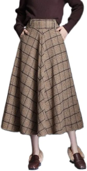 Women's Thick Vintage Plaid Pleated Skirt Autumn Winter Long Skirts