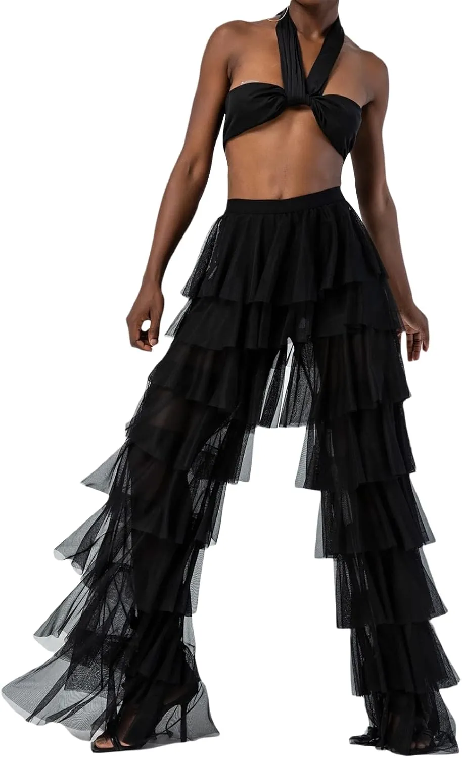 Women's Tulle Sheer Mesh Trousers High Waist See Through Tiered Ruffled Party Pants Tulle Cover Up Pant