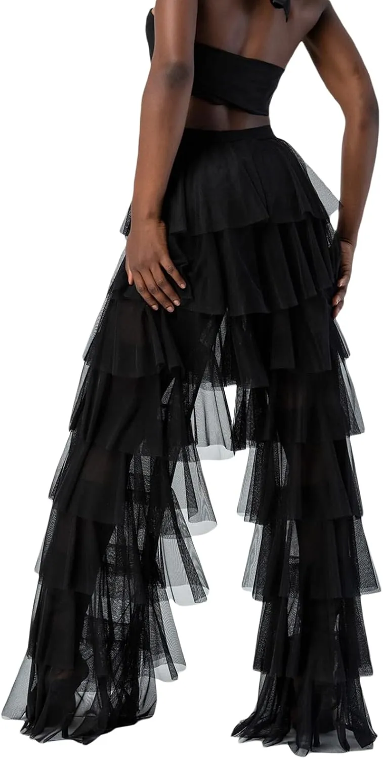 Women's Tulle Sheer Mesh Trousers High Waist See Through Tiered Ruffled Party Pants Tulle Cover Up Pant