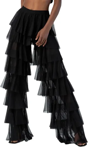 Women's Tulle Sheer Mesh Trousers High Waist See Through Tiered Ruffled Party Pants Tulle Cover Up Pant
