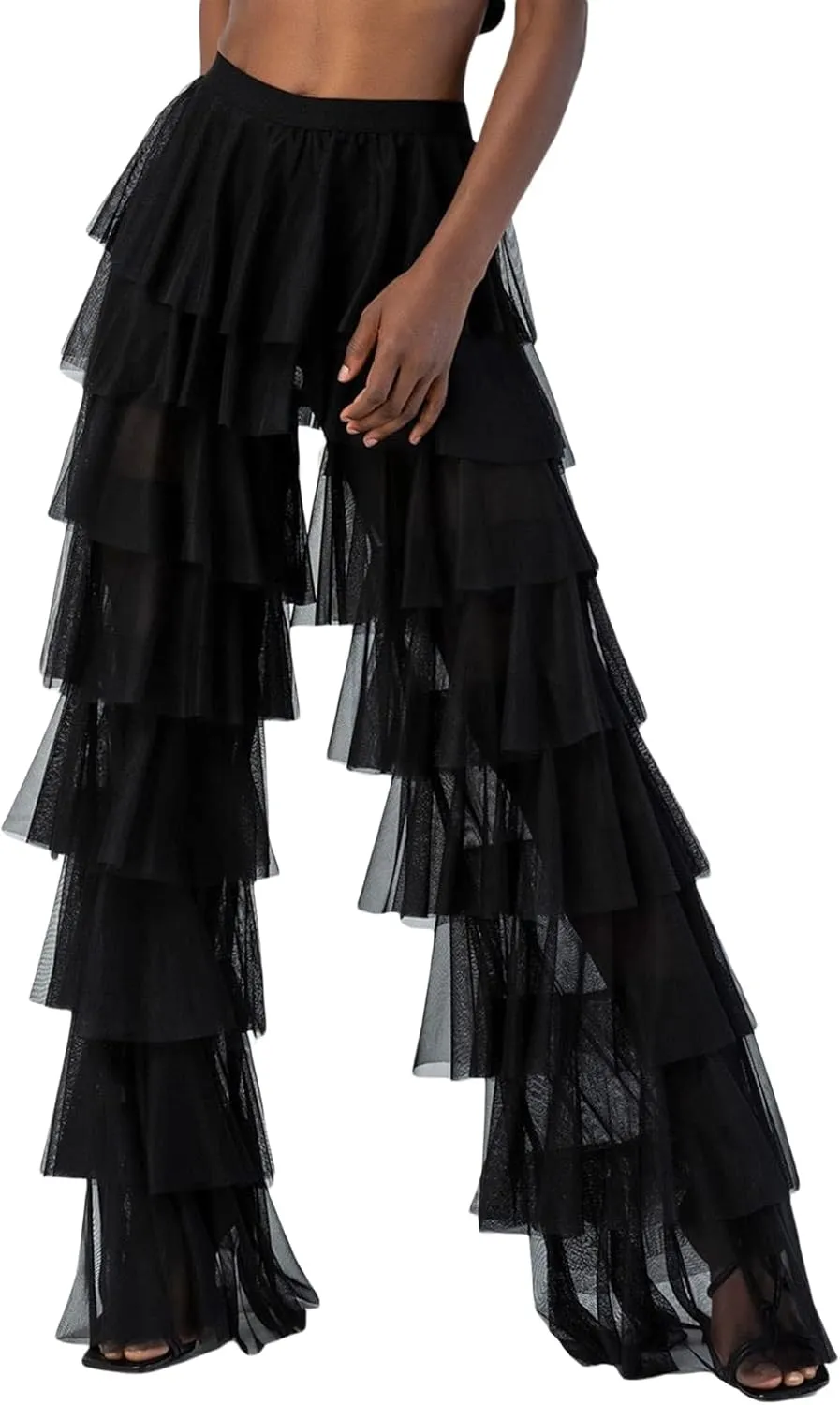 Women's Tulle Sheer Mesh Trousers High Waist See Through Tiered Ruffled Party Pants Tulle Cover Up Pant