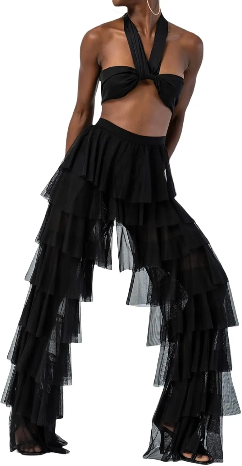 Women's Tulle Sheer Mesh Trousers High Waist See Through Tiered Ruffled Party Pants Tulle Cover Up Pant