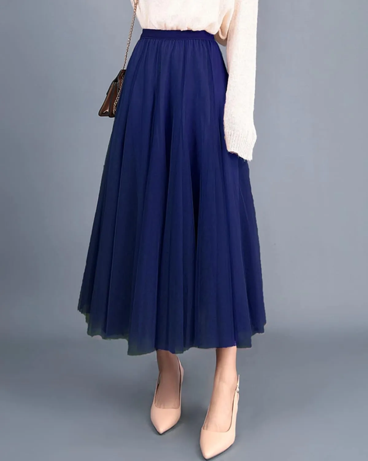 Women's Tulle Skirt Elastic High Waist Elegant Layered Pleated Mesh Flowy A-line Midi Skirt for Wedding Party