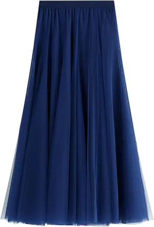 Women's Tulle Skirt Elastic High Waist Elegant Layered Pleated Mesh Flowy A-line Midi Skirt for Wedding Party