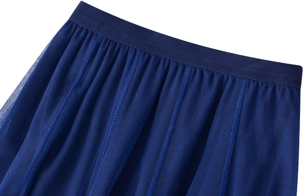 Women's Tulle Skirt Elastic High Waist Elegant Layered Pleated Mesh Flowy A-line Midi Skirt for Wedding Party