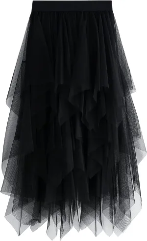 Women's Tulle Skirt Mesh Pleated Skirt Elastic High Waist Layered A-Line Swing Skirt Ladies Fashion Pleated Midi Skirt