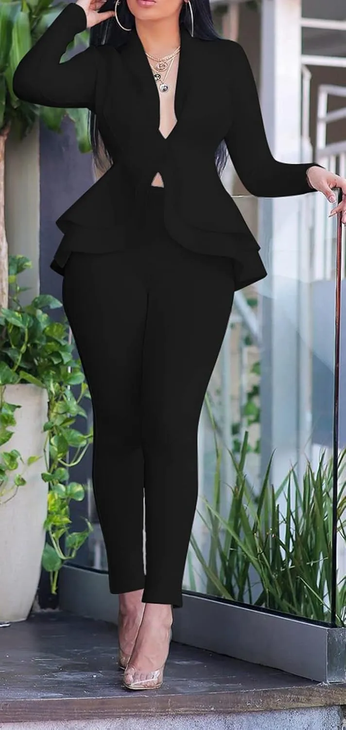 Women's Two Piece Outfits Sets Long Sleeve Deep V Neck Ruffle Pelplum Blazer Slim Fit Bocycon Long Pants Business Suit Set