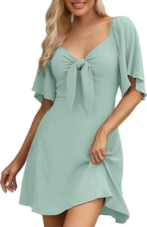 Women's V-Neck Bow Tie Short Sleeve Mini Dress Elegant Smocked Flowy A Line Dresses Summer Plus Size Sundress