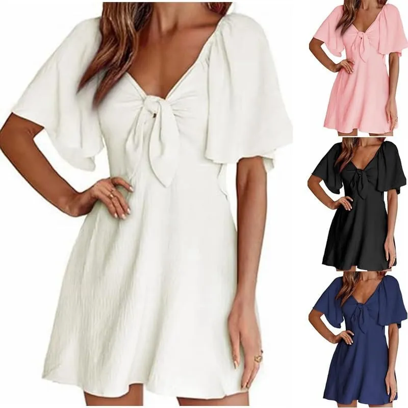 Women's V-Neck Bow Tie Short Sleeve Mini Dress Elegant Smocked Flowy A Line Dresses Summer Plus Size Sundress
