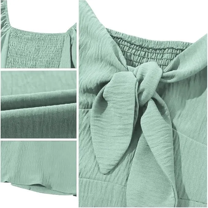 Women's V-Neck Bow Tie Short Sleeve Mini Dress Elegant Smocked Flowy A Line Dresses Summer Plus Size Sundress