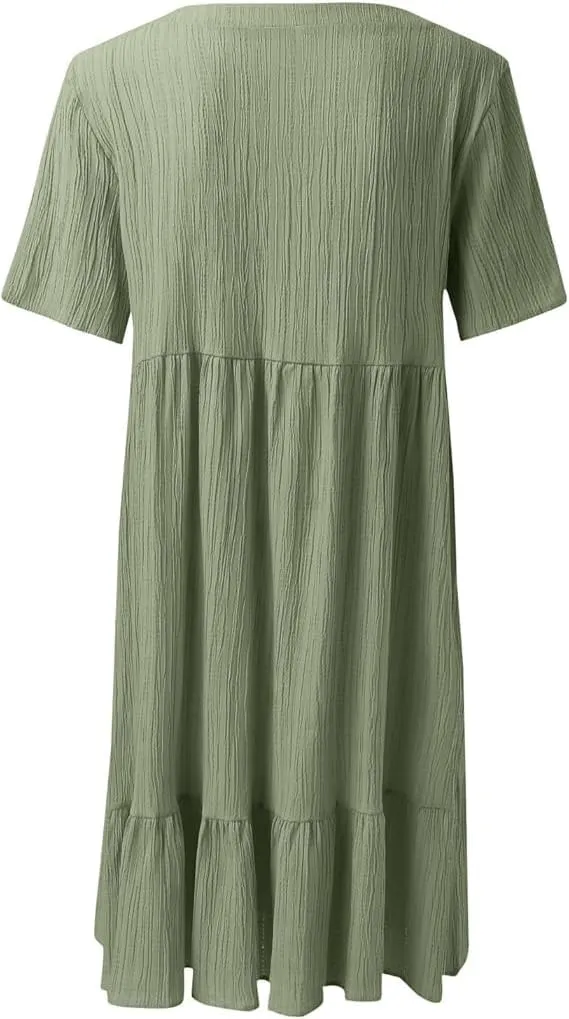 Womens V Neck Short Sleeve Tiered Smocked Dress Casual Flowy A Line Work Mini Dresses Cute Babydoll Swing Dress