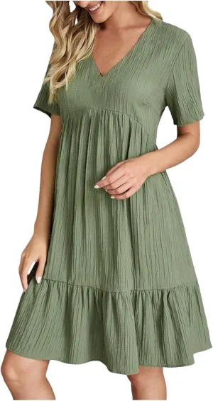 Womens V Neck Short Sleeve Tiered Smocked Dress Casual Flowy A Line Work Mini Dresses Cute Babydoll Swing Dress