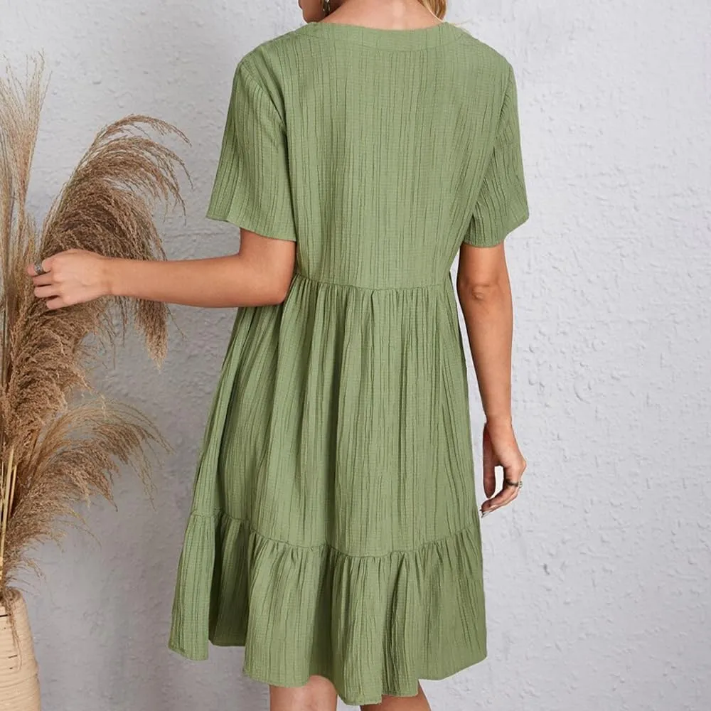 Womens V Neck Short Sleeve Tiered Smocked Dress Casual Flowy A Line Work Mini Dresses Cute Babydoll Swing Dress
