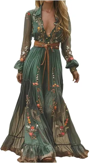 Women's Vintage Pastoral Flower Long Dress Sexy V-Neck Long Sleeve Boho Dresses Spring Summer Casual Maxi Dress