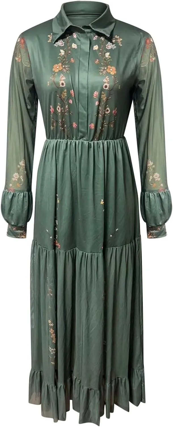 Women's Vintage Pastoral Flower Long Dress Sexy V-Neck Long Sleeve Boho Dresses Spring Summer Casual Maxi Dress