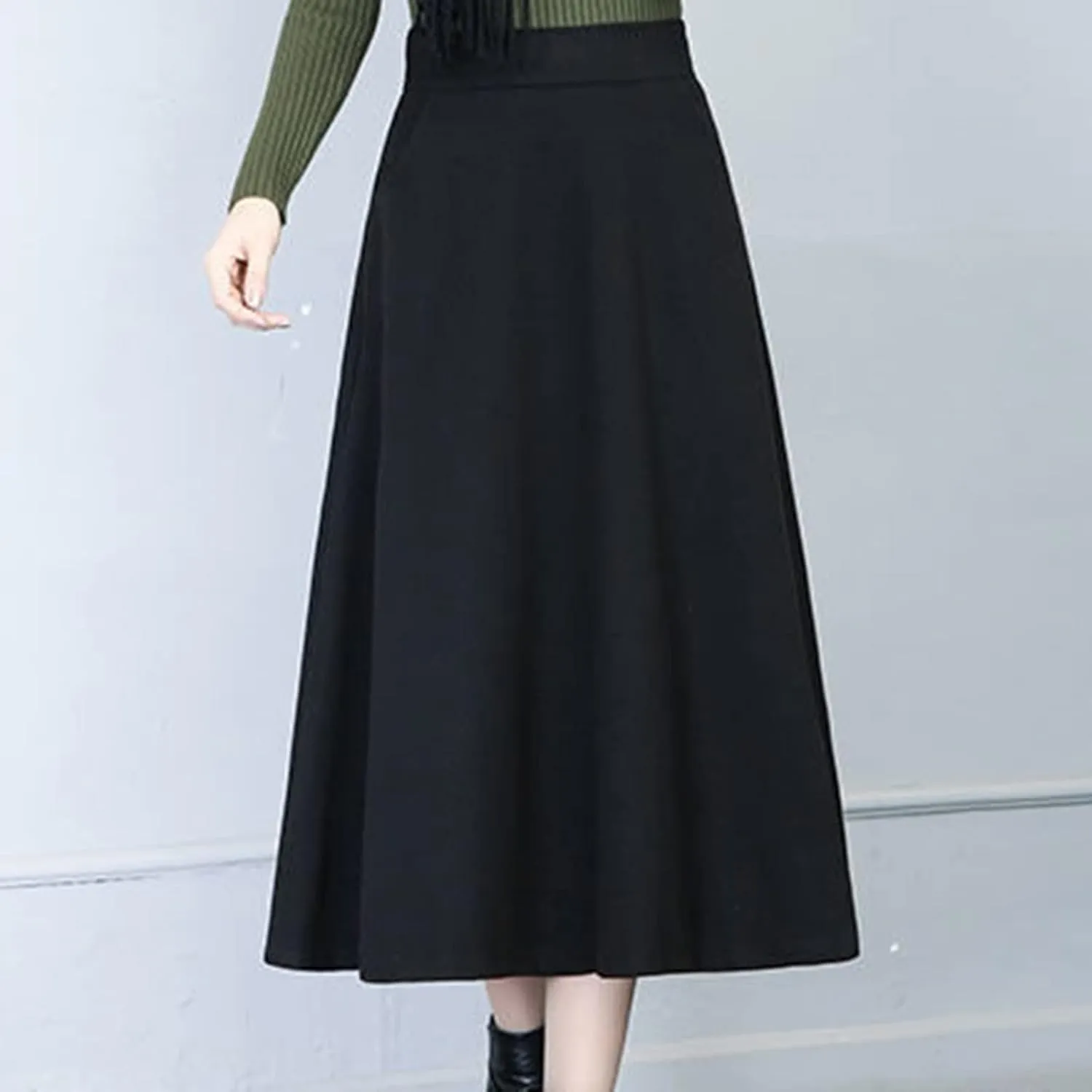 Womens Winter Vintage High Elastic Waist A Line Pleated Wool Midi Skirt Lady Toddler Girl Ballet Leotard with
