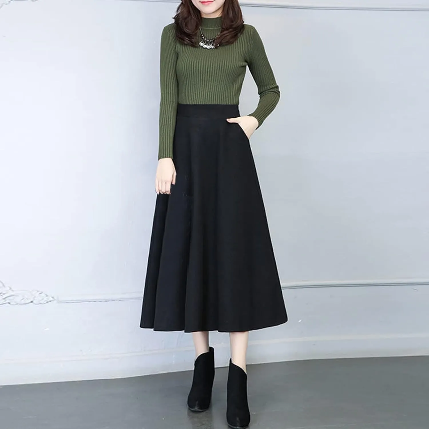 Womens Winter Vintage High Elastic Waist A Line Pleated Wool Midi Skirt Lady Toddler Girl Ballet Leotard with