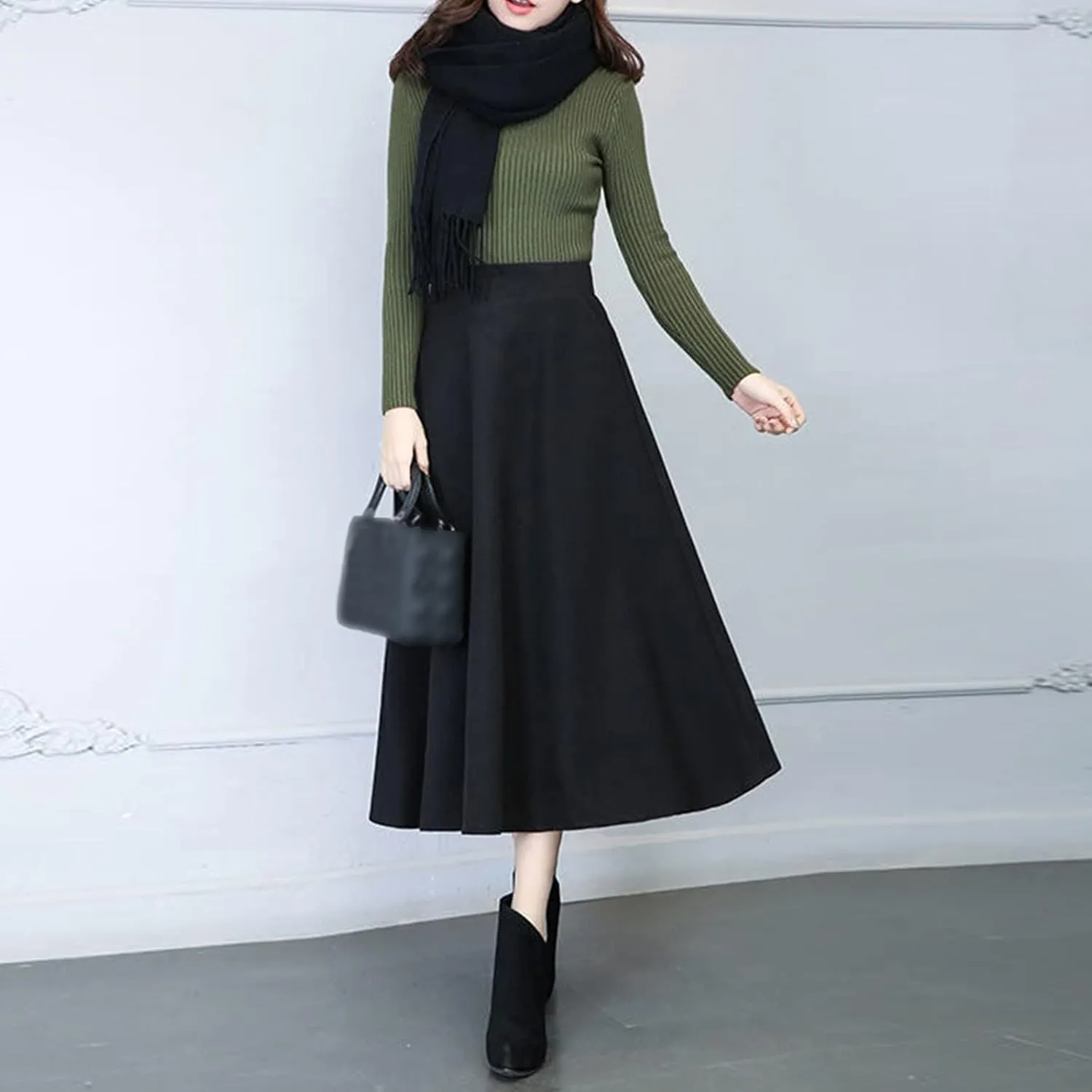 Womens Winter Vintage High Elastic Waist A Line Pleated Wool Midi Skirt Lady Toddler Girl Ballet Leotard with