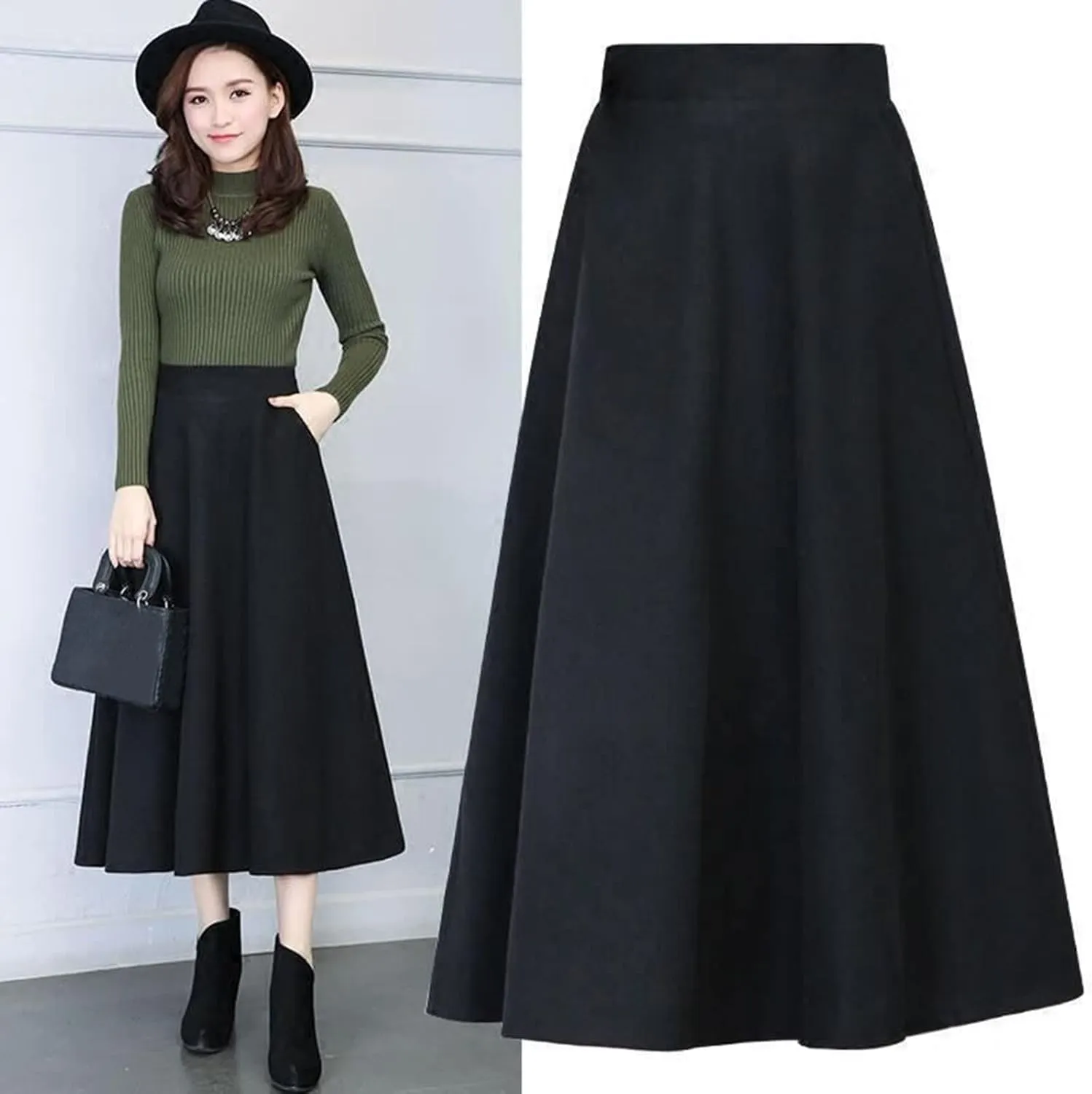 Womens Winter Vintage High Elastic Waist A Line Pleated Wool Midi Skirt Lady Toddler Girl Ballet Leotard with